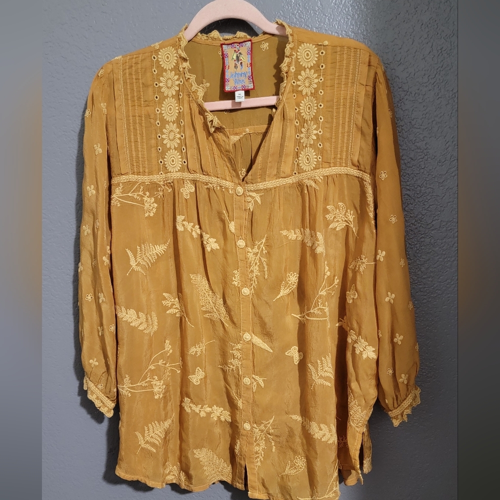 Johnny Was Embroidered Mustard Yellow Blouse XL